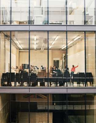 Students gather for class in the Granary Building