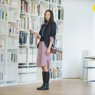 One piece vest/dress by Black Fleece by Brooks Brothers, jacket by Laurence Dolige from Martinique Marunouchi, boots by Tanino Crisci from Drawer, bag by Prada