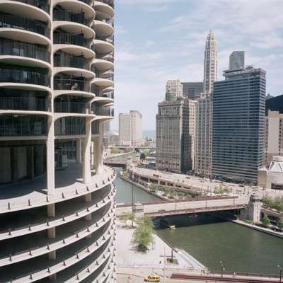 View down Chicago River to Lake Michigan from the West Tower