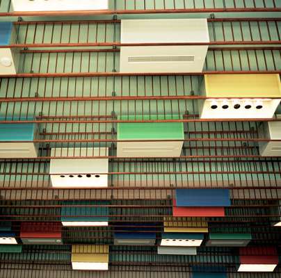 Multicoloured lightboxes on the ceiling