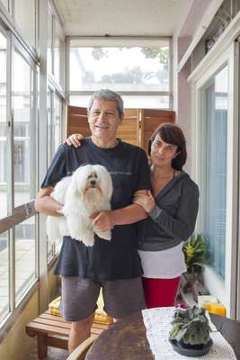 Eduardo Caldeira, Monica Mathias and their dog, the Maltese Benjamin Star