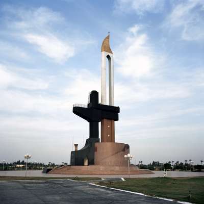 Statue modelled on bayonet in military camp alongside Suez Canal, Ismailia