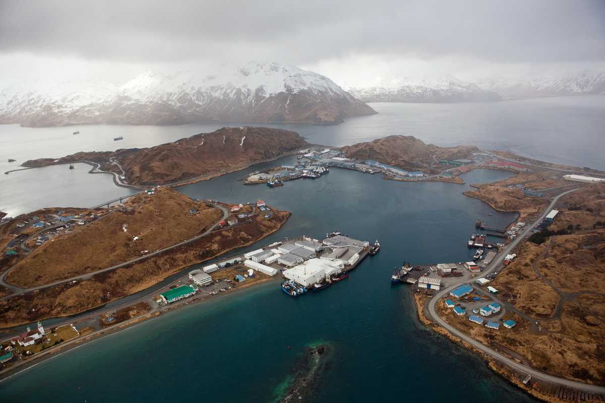 Aerial view of Unalaska and neighbouring Amaknak Island 