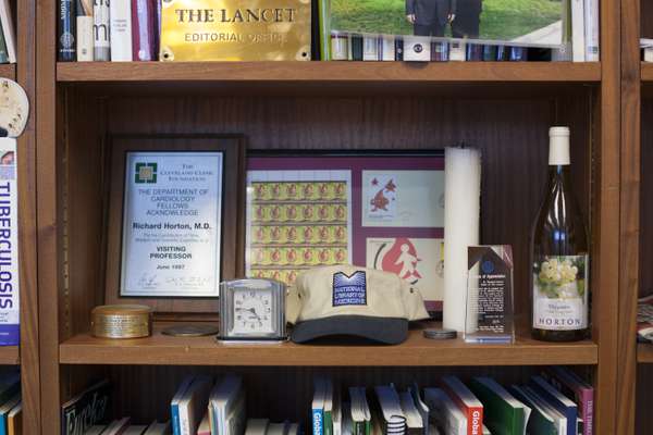 Awards and other paraphernalia on Horton’s shelves