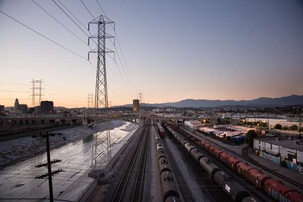 The Los Angeles River and train yards from the 6th Street Bridge