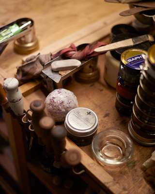 Workbench, with a rice ball for lunch