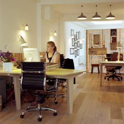 Office 4 (not to Scale, London): Wong’s birch desks with Formica coloured tops 