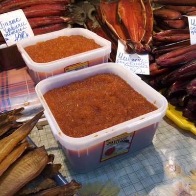 Vats of red caviar for sale at the local market in Petropavlovsk