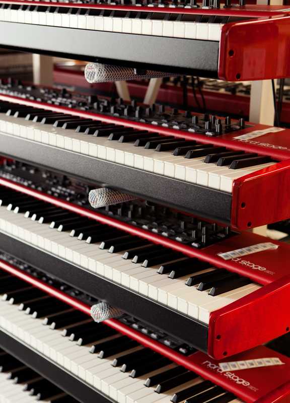 Nord Stage Ex keyboards stacked in the Stockholm factory