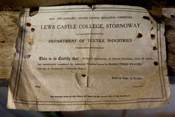 A weaver’s faded 1967 certificate belonging to Murdo Macdonald
