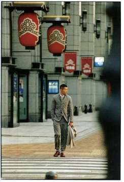 Coat (being carried) by Dior Homme, jacket and trousers by Woolrich Woolen Mills, shirt by Needles, shoes by Paraboot