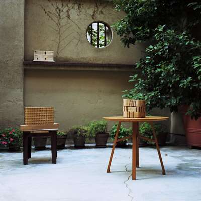 Architectural models in the outdoor garden of the studio