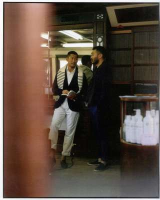 (LEFT): Yusuke wears jumper and jacket both by Polo Ralph Lauren, shirt by Tomorrowland, trousers by Louis Vuitton, shoes by Tod’s. (RIGHT) and 8: Taisuke wears jacket by Eleventy for Beams, jumper by Dunhill, shirt by Bally, scarf by Engineered Garments, trousers by pt01 for Beams F, shoes by Parrucci for Tomorrowland
