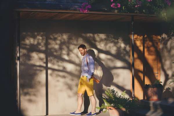 Shirt by Aspesi, shorts by Woolrich Woolen Mills, belt by Hackett, bag by A.P.C., watch by Omega, shoes by Quoddy for Kitsune