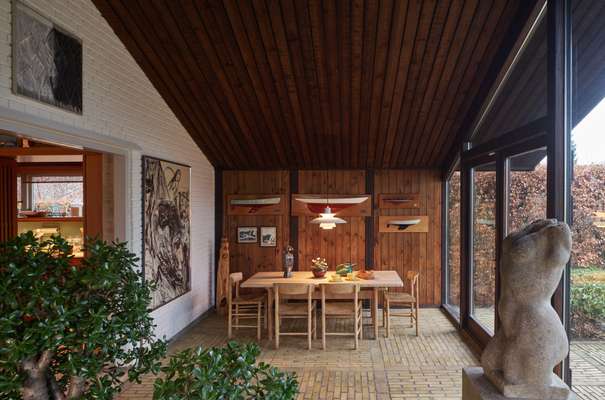 Winter room, which was added to the house in 1962 by architect Arne Karlsen, with some of Mogensen’s J39 chairs – better known as ‘The People’s Chair’