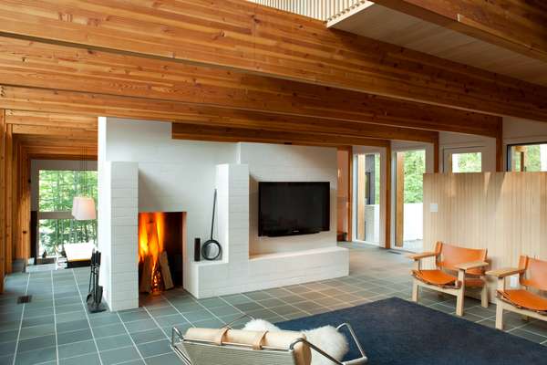  Living room with descending stairs in background