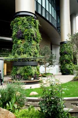 One of three 8m-tall freestanding columns covered with foliage at Marunouchi Park Building