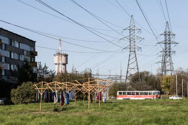 Clotheslines and trams amid Soviet-built apartment blocks, Daugavpils
