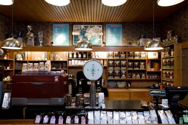 Coffee bar with the original counter, shelves and fittings