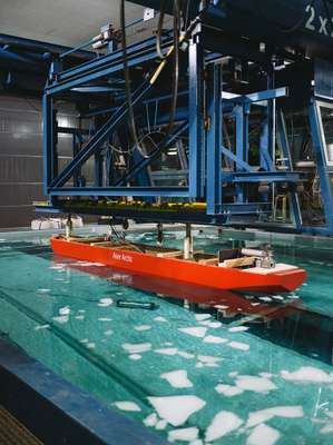 Scale model icebreaking cargo ship