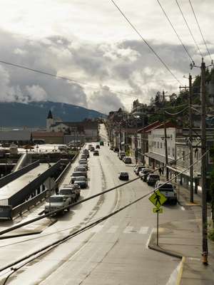 The rain breaks in Ketchikan, giving the streets a golden glow
