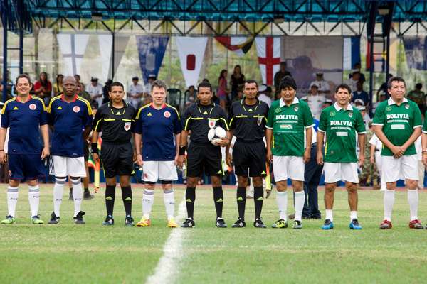 Colombia led by President Santos challenged Evo Morales (third from right) and Bolivia to a game of football