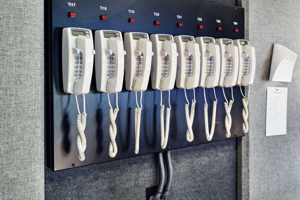 Telephones in the audio booth in the control room of ‘PBS Newshour’ in Arlington, Virginia