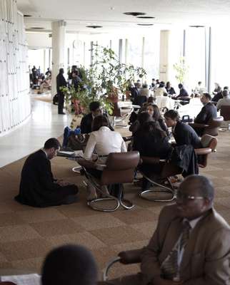 Taking a break in the cafeteria at the UN