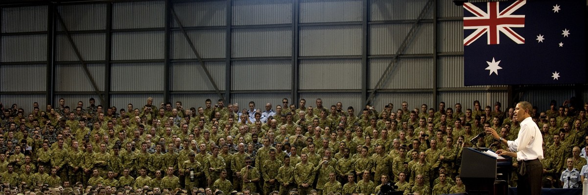 US President Barack Obama addresses Australian troops and US Marines at RAAF Base Darwin on 17 November 2011