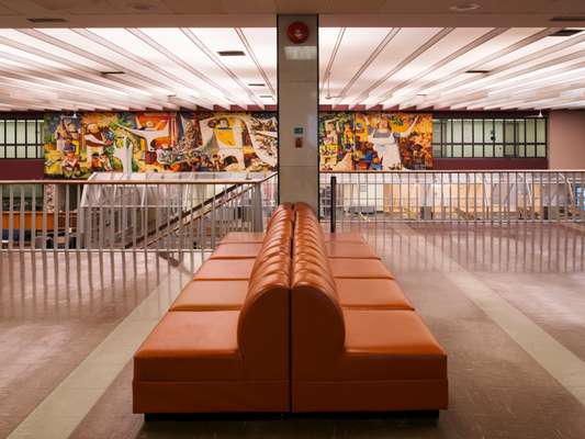 Mezzanine level overlooking the mural by Kenneth Lochhead 