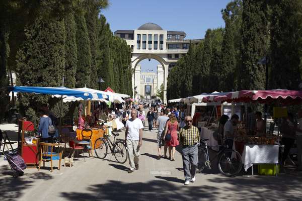 Food stalls in the central avenue at Antigone