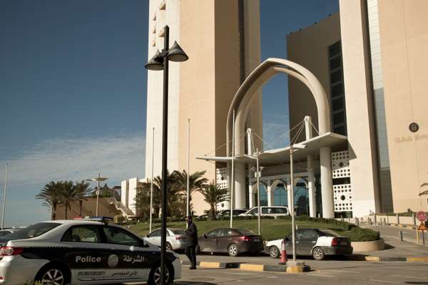 Police keeping watch by the hotel entrance