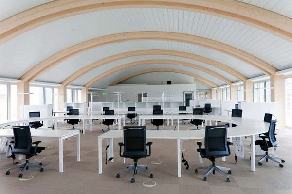 The circular news desk on the seventh floor