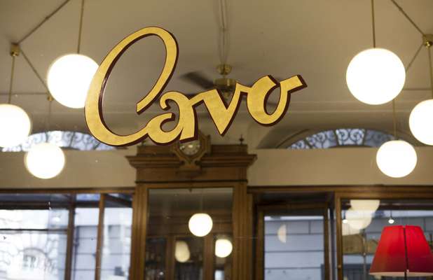 Gold-leaf lettering at Cavo pastry shop