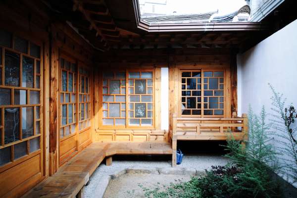 Courtyard with wooden railway