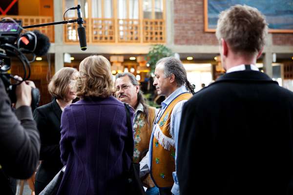 Arctic Athabaskan Council members interviewed outside Kiruna town hall