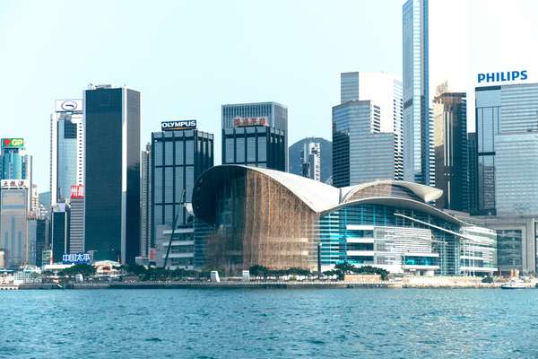 Partly scaffolded Hong Kong Convention and Exhibition Centre