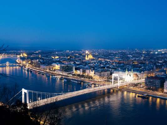 Evening panorama overlooking Erzsebet Bridge, as seen from Gellert Hil