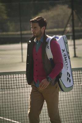 vest by Sophnet., cardigan by The Inoue Brothers, shirt by Folk, trousers by Ralph Lauren, watch by IWC, 
racquet bag by Yonex