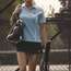 Head band and racquet by Prince, poloshirt, skirt and racquet bag by Yonex, boston bag by Marni