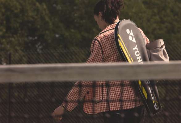 jacket by Aquascutum, shirt by Glanshirt, jeans by Closed, leather bag by Tod's, racquet bag by Yonex, bracelet by Cartier