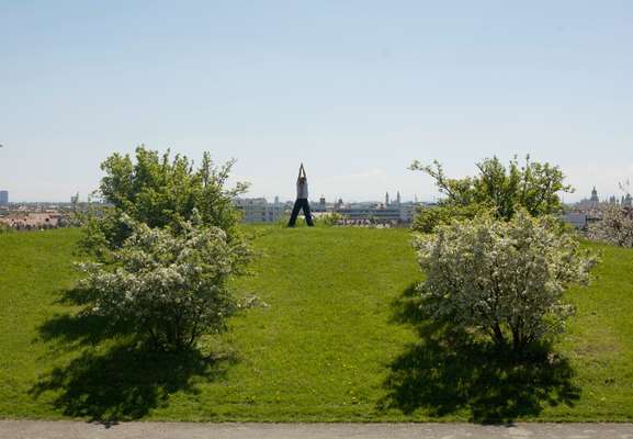 Yoga on Olympia Mountain, looking towards the city 