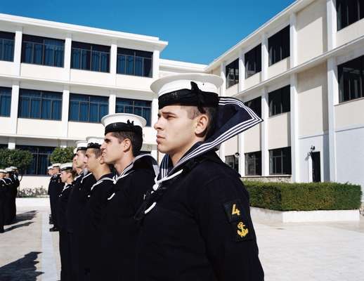 Companies of students assemble in the main courtyard, Eleftheria (Liberty) Square