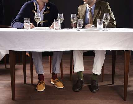 Left: cardigan by Hackett, shirt by Richard James, trousers by Boss Black, socks by Falke, shoes by Tod’s Right: jacket by Junya Watanabe Man, shirt by Polo Ralph Lauren, tie by Prada, watch by Hermès, trousers by Barena, socks by Falke, shoes by John Lobb