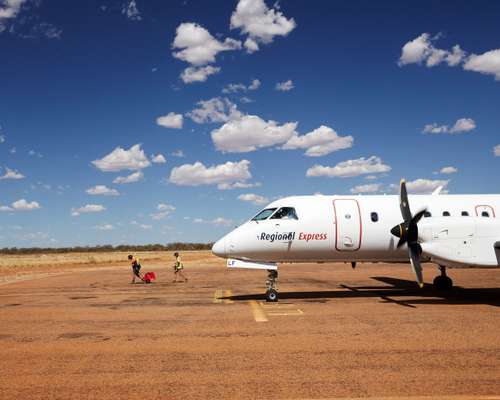 The Saab 340 on teh ground at Windorah on a hot summer day