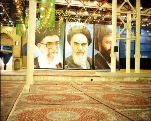 Posters of Ayatollah Khomeini in the Iman Khomeini mosque in Tehran