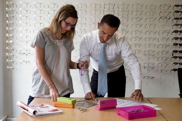 Herjean Nolwenn, product manager (left) and Stéphane Solinski, deputy CEO, review frame designs 