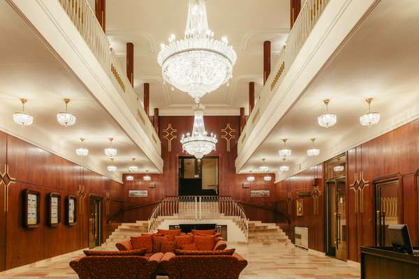 The grand lobby of Marienbad’s Orea Spa Hotel Bohemia