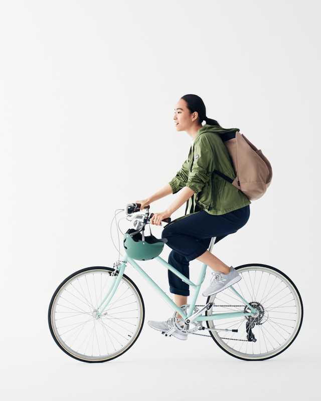 Jacket by Colmar, pullover by Tod’s, trousers by Connolly, trainers by New Balance, backpack by Hang Minor, bike by Tokyobike, helmet by Bern