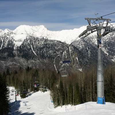 The Caucasus peaks viewed from a ski slope in Krasnaya Polyana